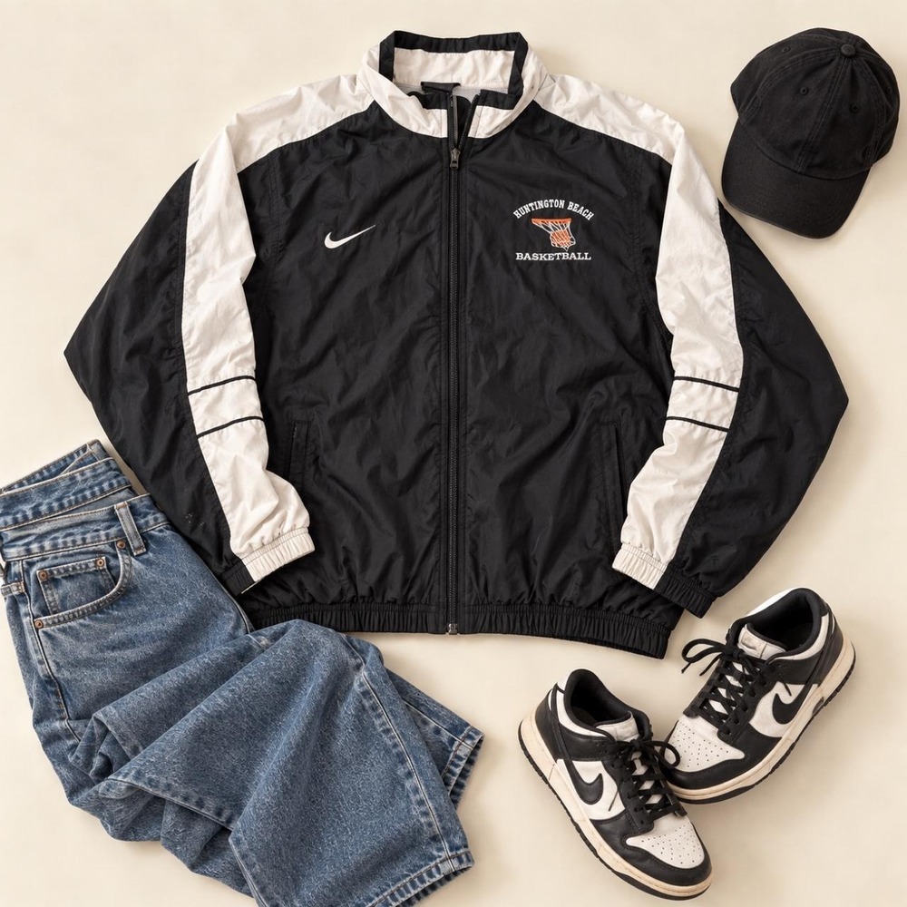 Vintage Nike Huntington Beach Basketball Jacket Men's L Black White Windbreaker